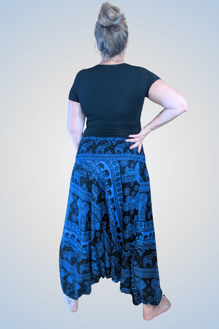 vue complète pantalon sarouel femme bleu bohème fluide