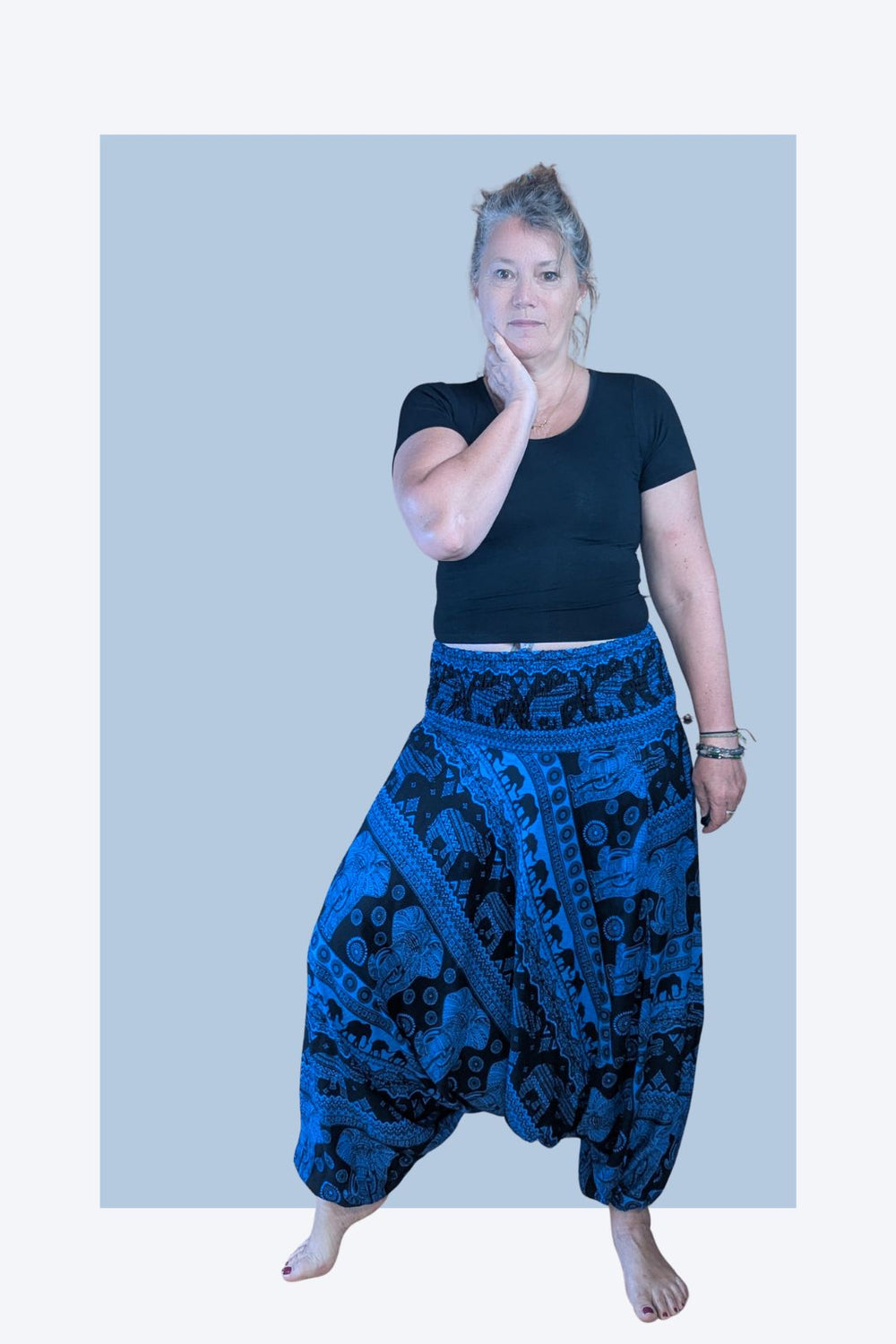 vue complète pantalon sarouel femme bleu bohème fluide