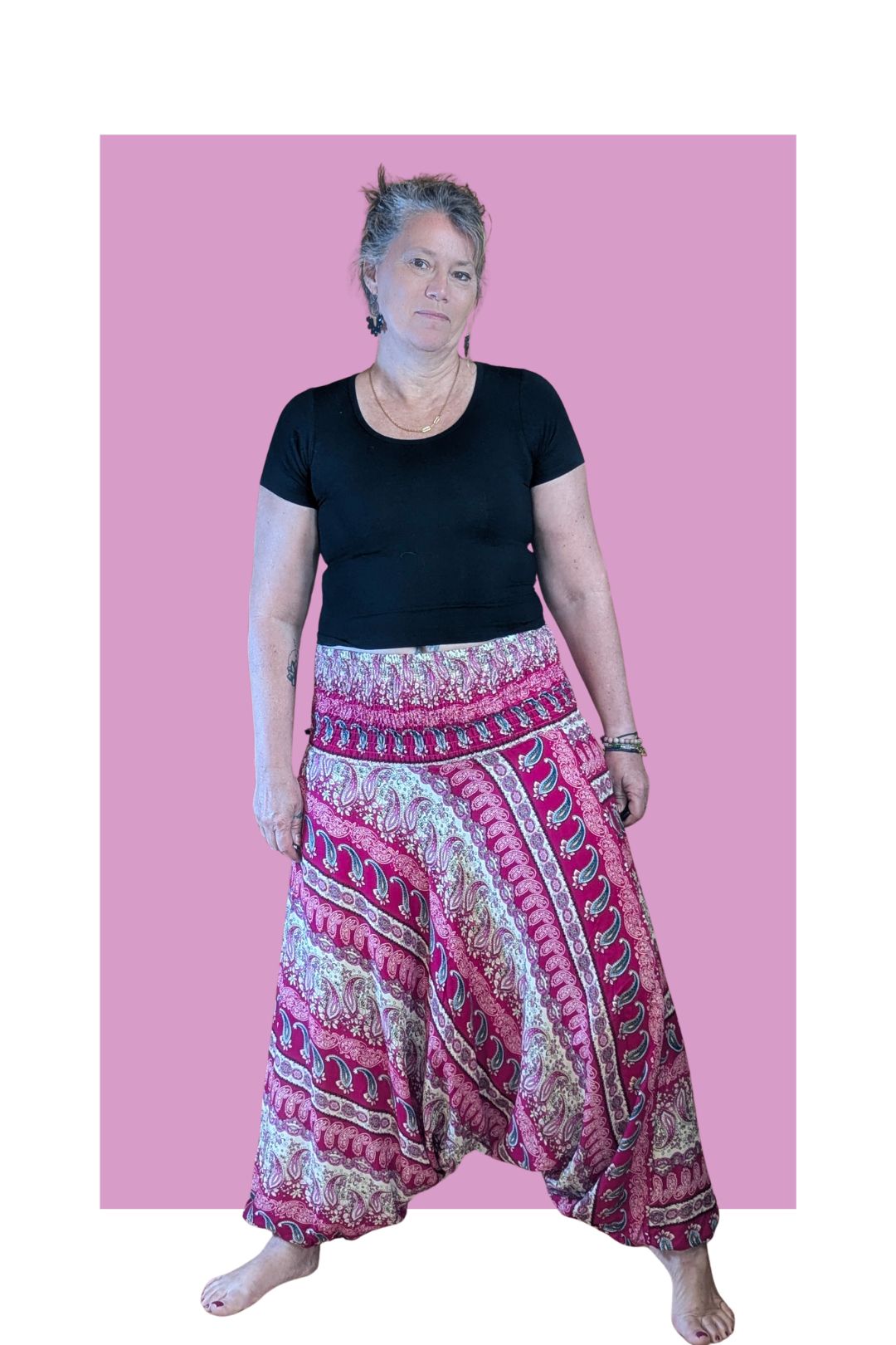 vue complète pantalon sarouel femme rose bohème fluide