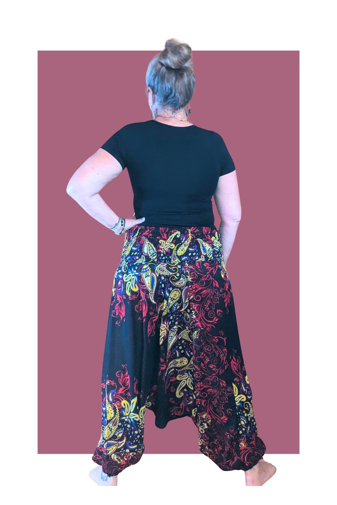 vue complète pantalon sarouel femme noir fleur bohème fluide