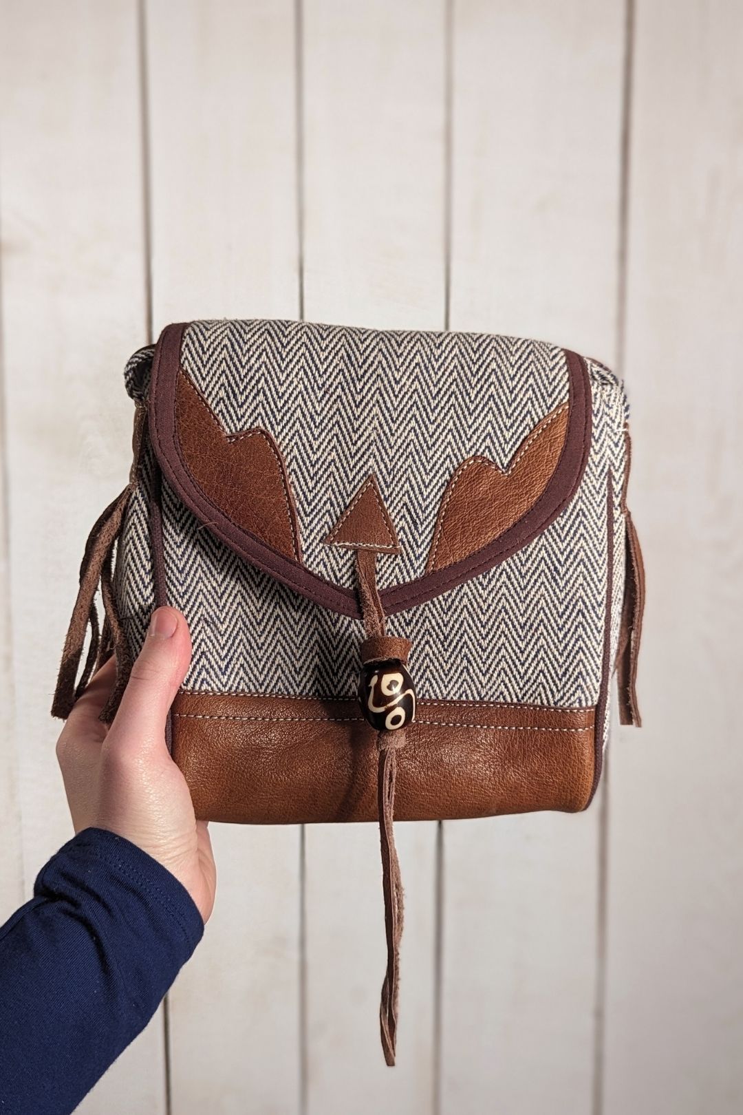 Petit sac carré 1 bouton - Coton tissé et cuir Bleu Porte-Monnaie by Lobsang Bag | Roxy Lama