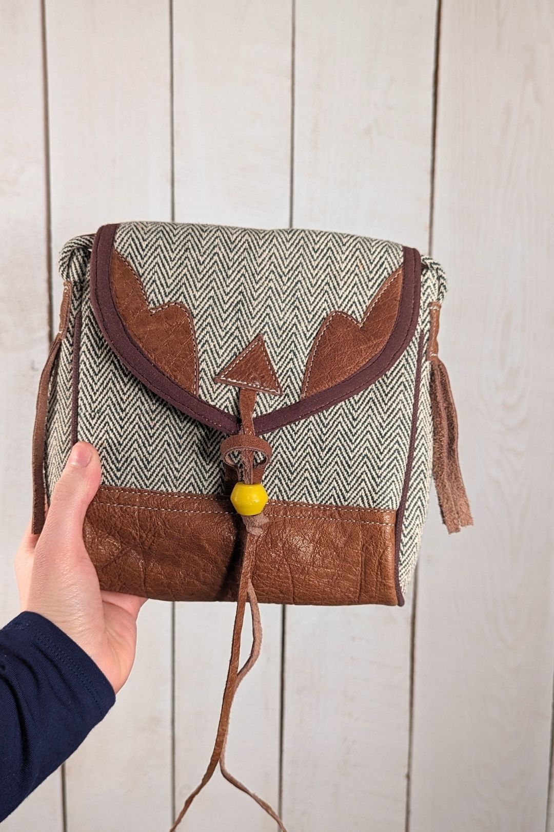 Petit sac carré 1 bouton - Coton tissé et cuir Vert Porte-Monnaie by Lobsang Bag | Roxy Lama