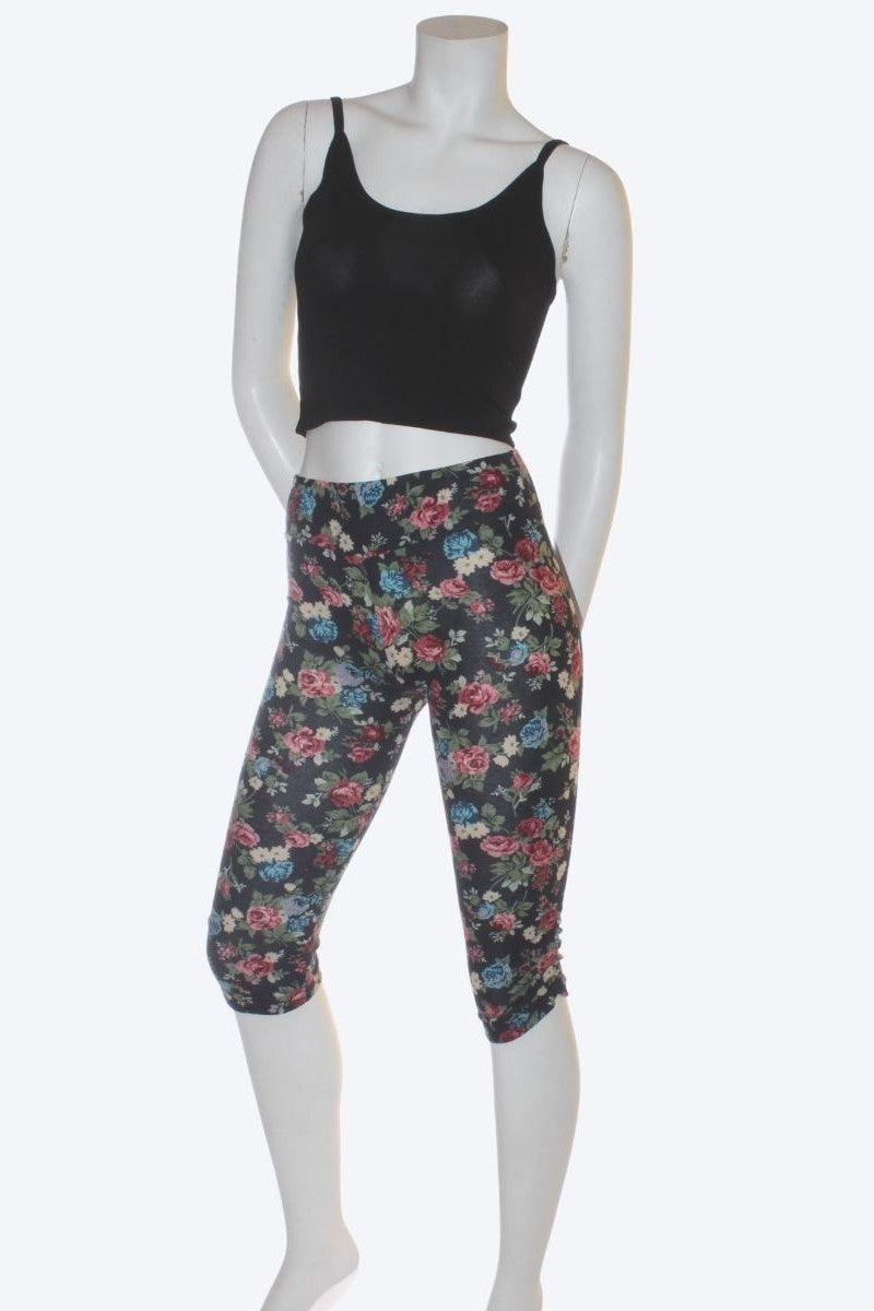 Legging 3/4 bande élastique taille — Motif fleurs XS Fleurs Marine Legging by Riches | Roxy Lama